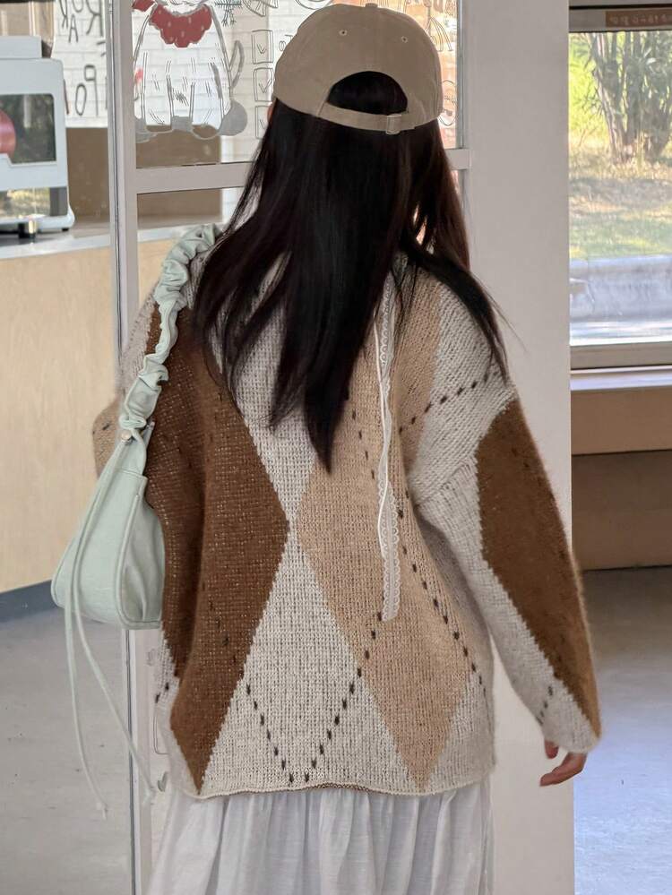 Tween Girls V-Neck Colorblock Plaid Pullover Casual Sweater, Fall