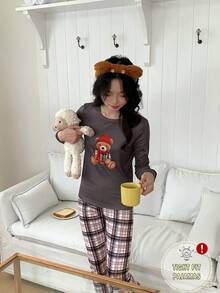 2pcs/Set Young Women Cartoon Bear Print Long Sleeve Top And Plaid Pants Casual Comfortable Homewear Set Snug Fit Pajamas Women Set Tight Fit Pajamas Plaid Pajama Set Bear Print Pajamas Long Sleeve Pajama - Multicolor - View 3