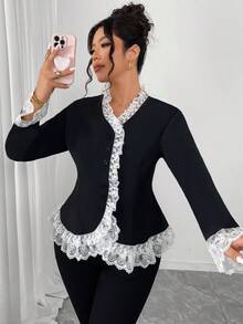 Elenzga 加大码黑白撞色荷叶边优雅衬衫，适合派对、新年聚会等场合，长袖A字衬衫 - 黑與白 - 查看 1