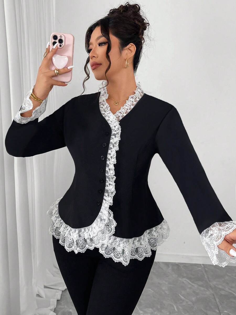 Elenzga 加大码黑白撞色荷叶边优雅衬衫，适合派对、新年聚会等场合，长袖A字衬衫 - 黑與白 - 查看 1