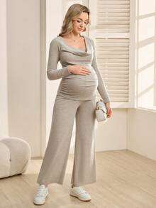 SHEIN Maternity Solid Rib-Knit Long Sleeve Casual 2 Pieces Set, Textured Fabric - Brown - View 4