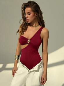 Aloruh Women's Solid Color Asymmetric Neckline Metal Decor Sleeveless Bodysuit - Burgundy - View 5
