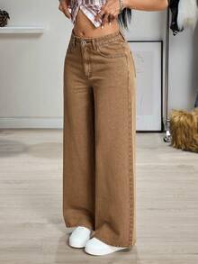 SHEIN ICON Quần jean ống rộng đơn sắc, thường ngày, đa năng, có túi - màu nâu - Xem 3