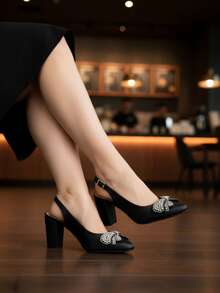 Zapatillas de tacón negros elegantes para fiestas de año nuevo, con tira trasera y lazo de pedrería deslumbrante, ideales para fiestas nocturnas. - Negro - Ver 3