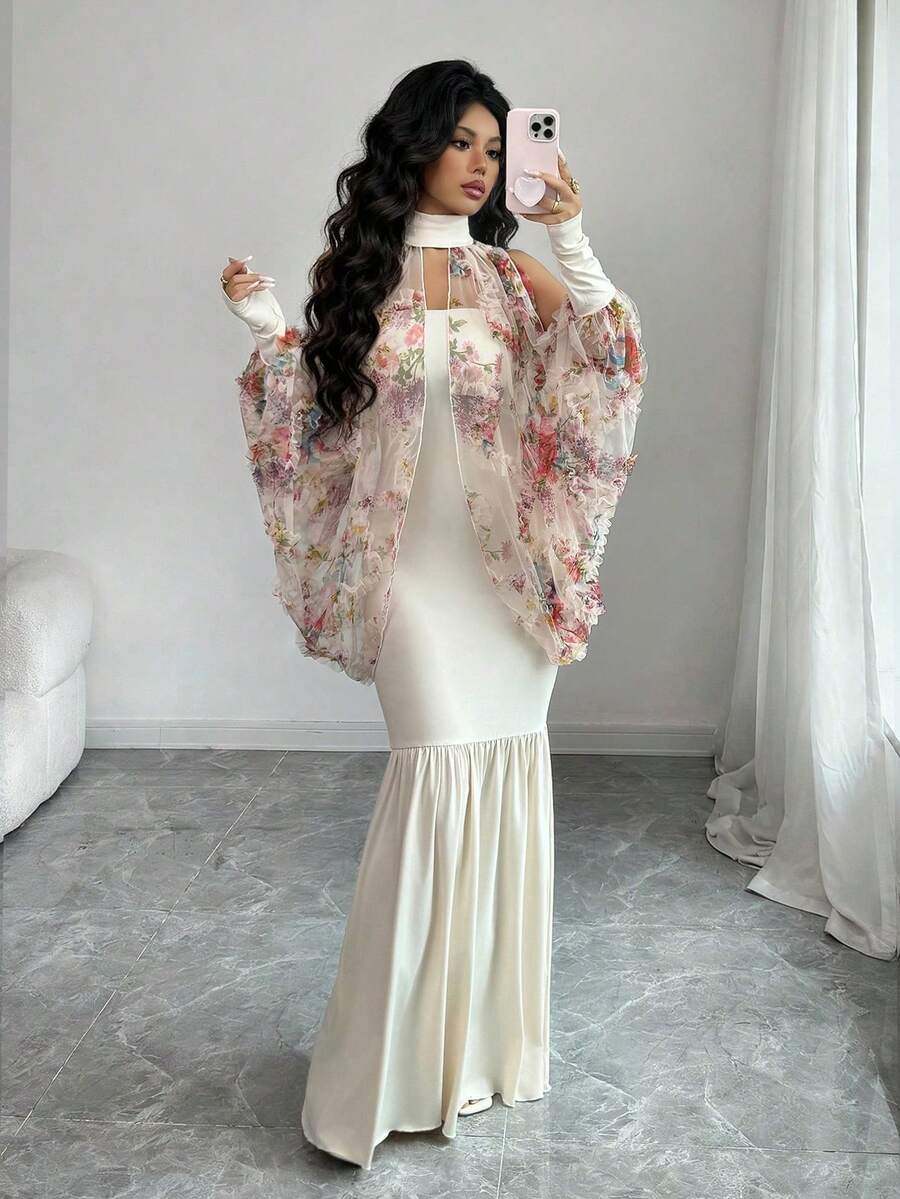 Rafferiza 女士秋冬杏色雪纺印花圆领喇叭袖高腰长款连衣裙，适合日常穿着、婚礼、正式场合、通勤、毕业派对、假日、约会、聚会、万圣节、圣诞节、新年、感恩节等场合。 - 杏色 - 查看 1