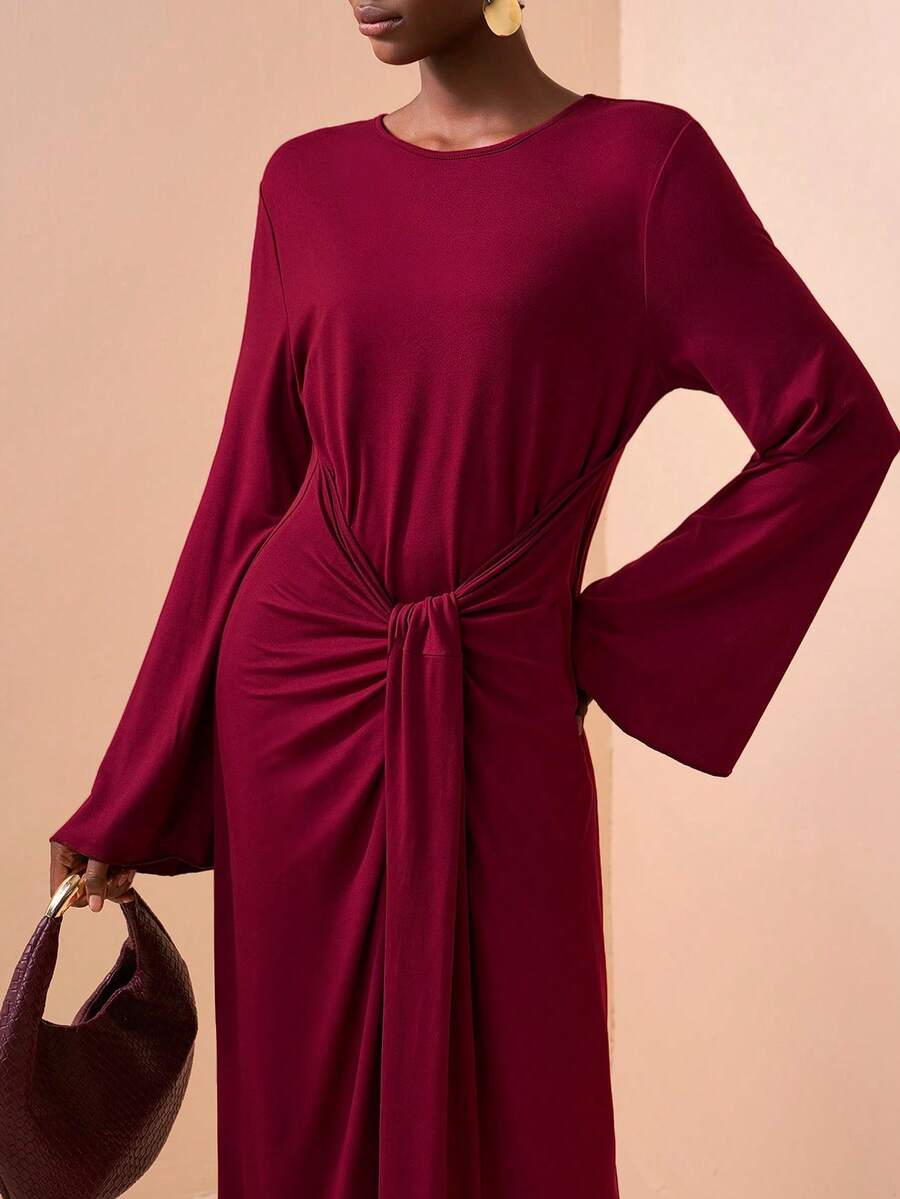 Zivah 2026春夏新品，情人节、音乐节、复活节、西部风、游牧风、波西米亚风、纳什维尔风格派对、婚礼、晚宴、约会、聚会、生日、大学、学生、日常穿着、百搭基础款、休闲、度假、邮轮旅行、海滩、日光浴、爆款、优雅、通勤、商务休闲、极简设计圆领长袖连衣裙，前系带，宽松直筒不对称下摆，酒红色连衣裙，春夏连衣裙，派对连衣裙，性感连衣裙，女士连衣裙 - 酒紅色 - 查看 1
