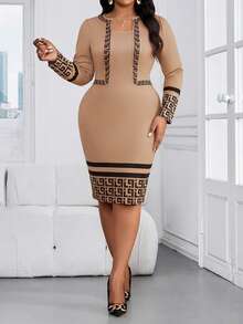 SHEIN Lady Đầm ôm dáng 2 trong 1 cổ chữ V thanh lịch in họa tiết Hy Lạp dành cho nữ cỡ lớn, thích hợp cho mùa xuân/thu. - Màu Khaki - Xem 3
