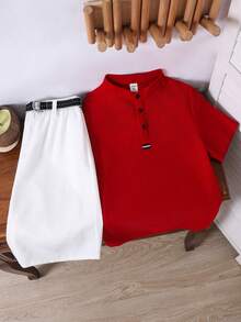 SHEIN Bộ 2 món đồ cho bé trai/thiếu niên: áo polo cổ đứng, khóa kéo nửa thân, màu trơn và quần short dệt kim. - Nhiều màu - Xem 3