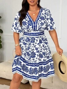Breezaya Plus Size Women's Fashionable All-Over Print V-Neck Dress - Multicolor - View 5