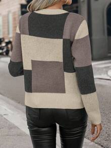 EMERY ROSE Women's Round Neck Long Sleeve Color Block Printed Loose Comfortable Sweater Pullover For Daily Casual,Long Sleeve Tops Knit Pullover Fall Winter Outfit