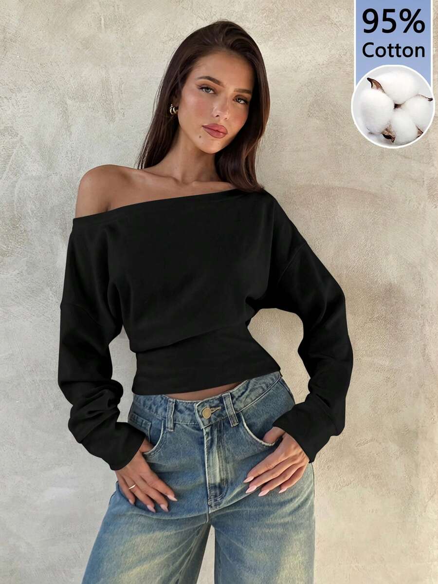Aloruh Elegant 95% Cotton Knit Asymmetric Shoulder Long Sleeve Top, Black Versatile Blouse, Fall Wardrobe; Simple, Fashionable; Cozy, Chic.,Black Top Spring - Black - View 1