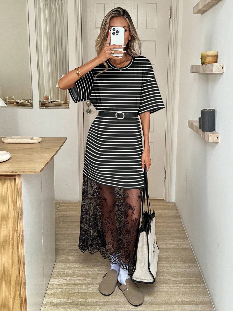 Easowa Áo thun cổ tròn dáng rộng kẻ sọc đen trắng, phối cùng váy ren, trang phục thời trang thích hợp đi chơi và đi làm. - Nhiều màu - Xem 1