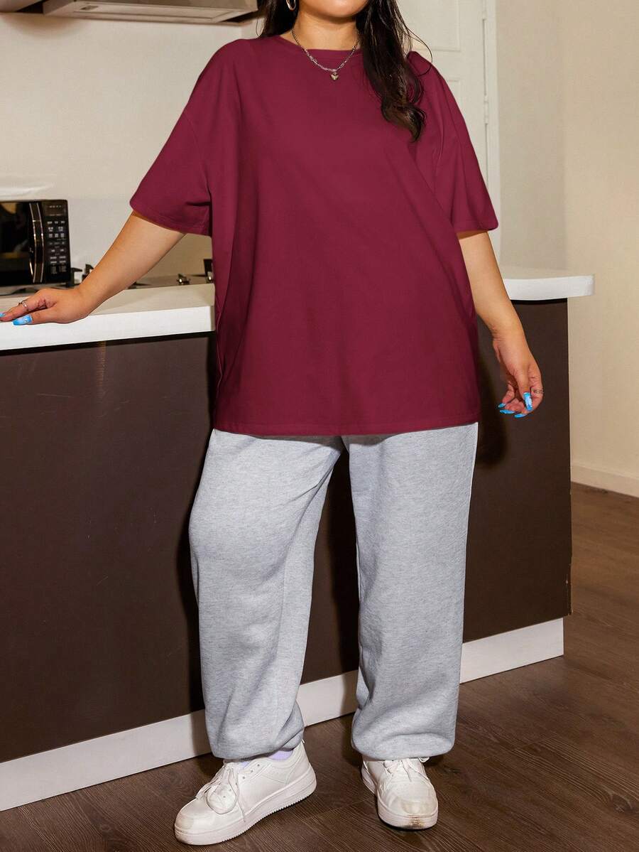 SHEIN EZwear Camiseta roja sencilla de unicolor para mujer de talla grande - Rojo - Ver 1