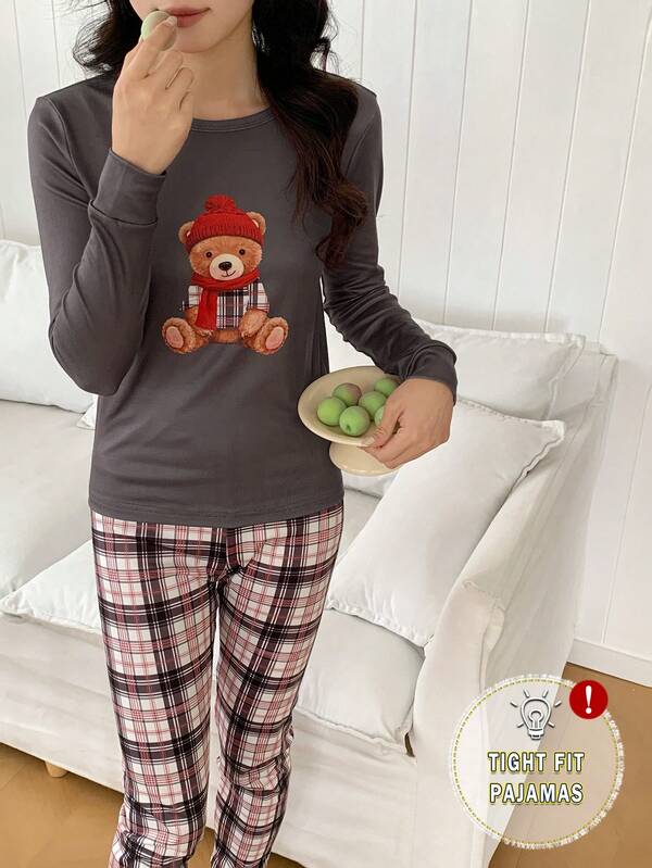 2pcs/Set Young Women Cartoon Bear Print Long Sleeve Top And Plaid Pants Casual Comfortable Homewear Set Snug Fit Pajamas Women Set Tight Fit Pajamas Plaid Pajama Set Bear Print Pajamas Long Sleeve Pajama