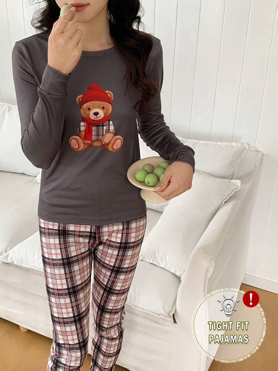 2pcs/Set Young Women Cartoon Bear Print Long Sleeve Top And Plaid Pants Casual Comfortable Homewear Set Snug Fit Pajamas Women Set Tight Fit Pajamas Plaid Pajama Set Bear Print Pajamas Long Sleeve Pajama - Multicolor - View 1