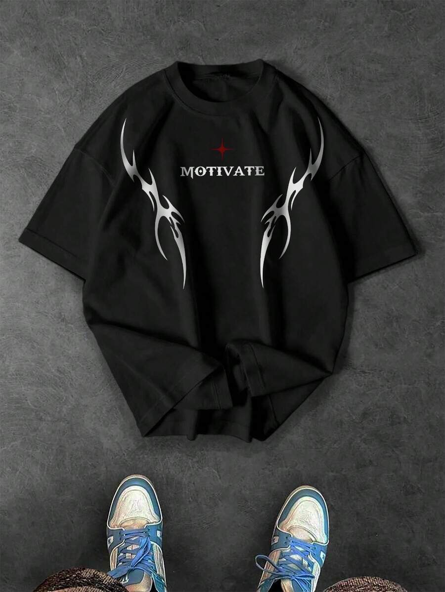 Sport MetroGents Men's Casual Fashion Street Letter Print Dropped Shoulder Loose Black Short Sleeve T-Shirt, Summer