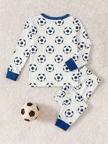 Young Boys 2 Pieces Pajama Set Soccer Ball Print Long Sleeve Top Matching Snug Fit Pants Soft And Comfortable For Autumn And Winter - Light Grey - View 3