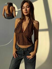 Aloruh Lace-Up Backless Halter Top For Women, Valentine For Women, Valentine For Women - Coffee Brown - View 11