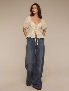 ATUI Studio Women's Elegant Polka Dot Print Tie Front Blouse, Summer Women's Polka Dot Lace Trimmed Sweetheart Neck Lace Up Front Pocket Bubble Sleeve Fashionable Shirt, Beautiful And Clean, A Must-Have For Girls To Fit Well, Summer Vacation, Vacation - White - View 2