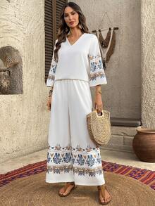 EMERY ROSE Women's V-Neck Graphic Print Top And Pants Casual Vacation 2 Pieces Set Boho Two Pieces Set Women Vacation Outfit Sets Women's 2 Pieces Summer Sets Pant Suit Summer Sets Boho For Women Vacation Outfits Women Casual - Multicolor - View 4