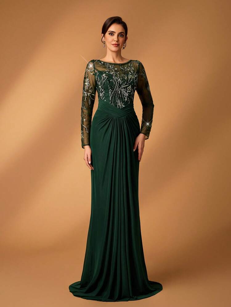 Serin Elegant Luxurious Beaded Sequin Lace Embroidered Sheer Sleeve Ruched Mermaid Hem Stretch Knit Dress, Suitable For Wedding, Party, Holiday, Bridal, Mother Of The Bride, Evening Gown - Dark Green - View 6