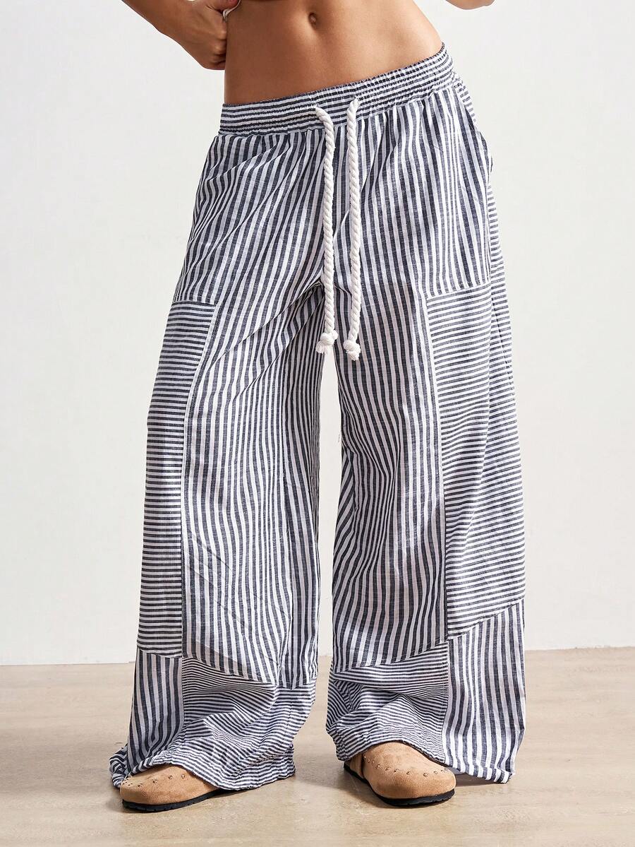 Bohemela Boho Striped Patchwork Loose Wide Leg Pants For Women, Suitable For Spring, Summer, Beach Vacation, Valentine's Day, Music Festival - Grey - View 1