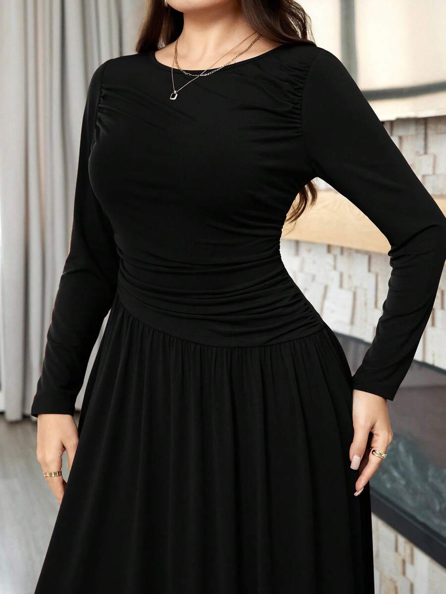 Modelyn Plus Size Solid Color Minimalist Elegant Casual Round Neck Long Sleeve Dress Office Cocktail Formal Cocktail Formal Black Autumn Fall - Black - View 1