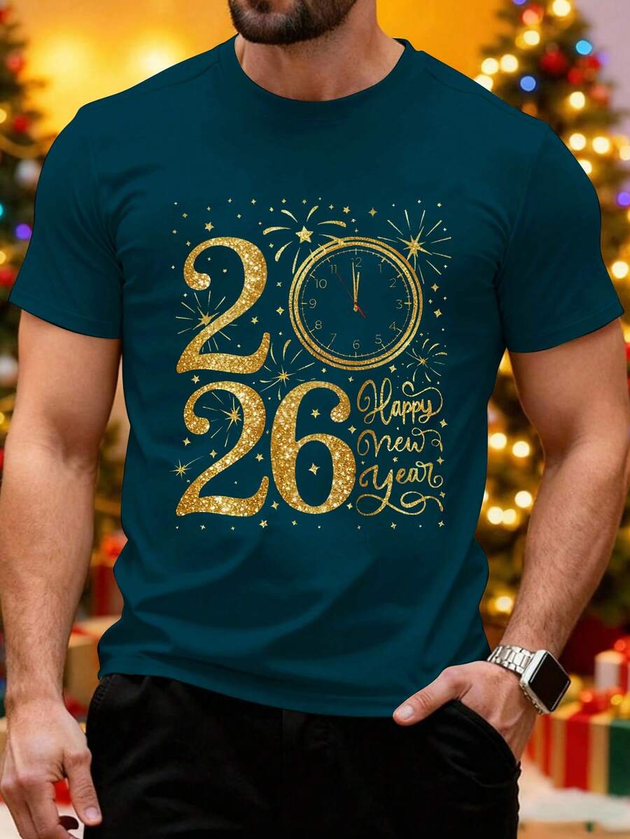 Manfinity Homme 男士休闲日常通勤假日2026新年印花短袖T恤，夏季 - 藏蓝色 - 查看 1