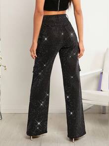 Denimoi Abbigliamento invernale e autunnale da donna, jeans cargo casual a vita media neri con strass, gamba dritta, con tasche multiple. Adatti per uso quotidiano, uscite, concerti, festival, feste, abbigliamento da club, abiti natalizi da donna - nero - Visualizzare 3