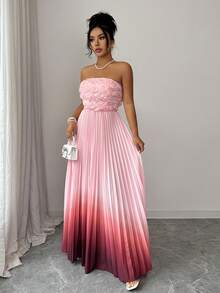 SHEIN Elenzya Elegant Romantic Gradient Color Floral Mesh Fabric Ruched A-Line Sleeveless Dress, Suitable For Parties And Light Formal Occasions - Multicolor - View 5