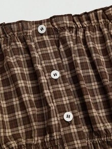 Sweetra Plaid Puff Sleeve Waist Cinched Mini Dress, Chic Style - Brown - View 6