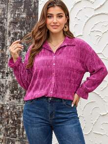 SHEIN LUNE Camicia in velluto con texture morbida, polsini elastici e bottoni a conchiglia, adatta per Thanksgiving, Capodanno e feste invernali - Fucsia - Visualizzare 1