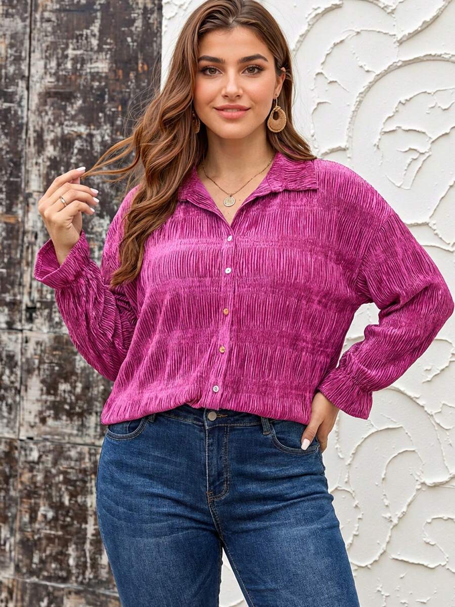SHEIN LUNE Camicia in velluto con texture morbida, polsini elastici e bottoni a conchiglia, adatta per Thanksgiving, Capodanno e feste invernali - Fucsia - Visualizzare 1