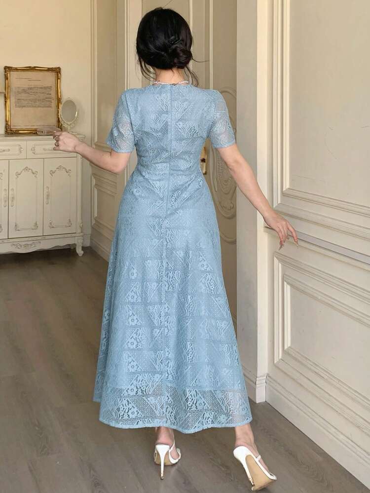 Elegant Lace French Style Cinched Waist A-Line Midi Dress For Women Sundress