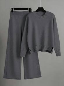 EMERY ROSE Women's Elegant Loose Long Sleeve Tie-Waist Knit Sweater And Pants Set, Plus Size, Suitable For Outings, Parties, And Wedding Guests, Autumn/Winter Knit Two Piece Set Two Piece Lounge Set Grey Two Piece Set Sweater Set Comfortable Two Piece Set - Grey - View 1