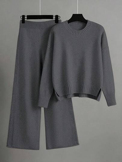 EMERY ROSE Women's Elegant Loose Long Sleeve Tie-Waist Knit Sweater And Pants Set, Plus Size, Suitable For Outings, Parties, And Wedding Guests, Autumn/Winter Knit Two Piece Set Two Piece Lounge Set Grey Two Piece Set Sweater Set Comfortable Two Piece Set