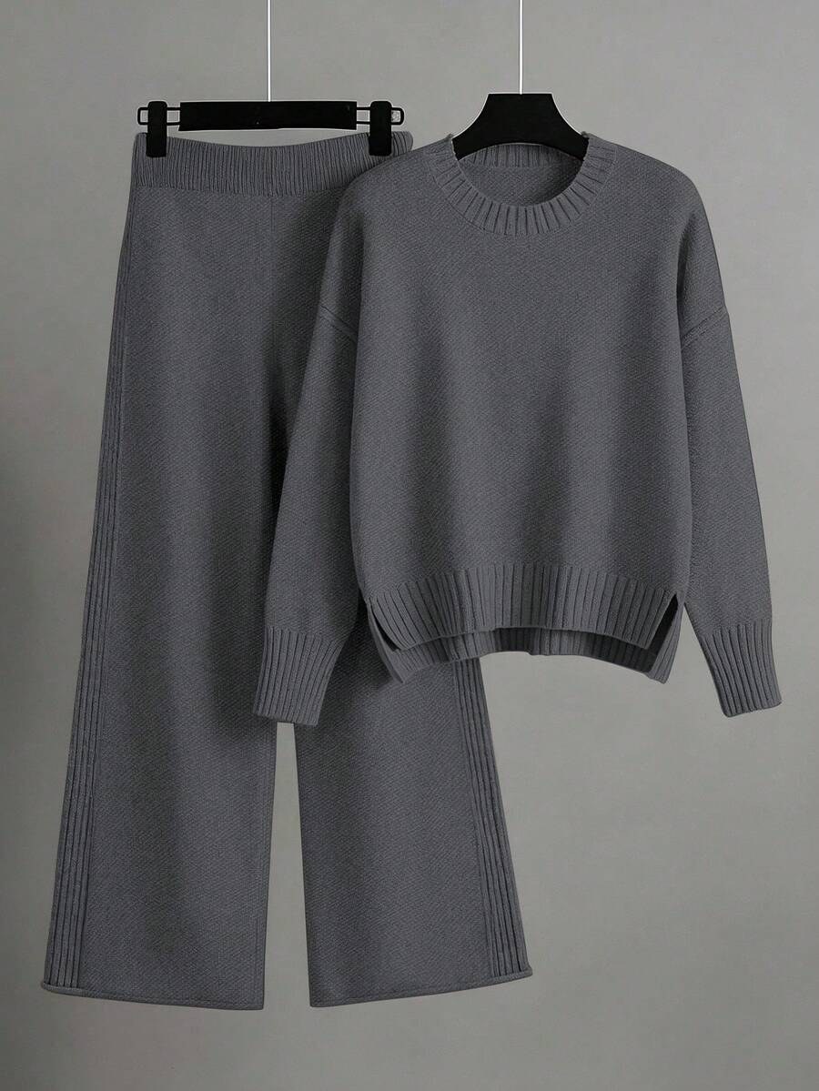 EMERY ROSE Women's Elegant Loose Long Sleeve Tie-Waist Knit Sweater And Pants Set, Plus Size, Suitable For Outings, Parties, And Wedding Guests, Autumn/Winter Knit Two Piece Set Two Piece Lounge Set Grey Two Piece Set Sweater Set Comfortable Two Piece Set - Grey - View 1