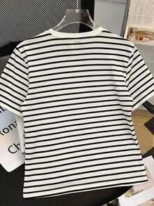 Camiseta Cuello redondo de algodón holgada de manga corta con cuello redondo, estampado minimalista , rayas blancas y negras, adecuada para año nuevo y regalo - Blanco - Ver 3