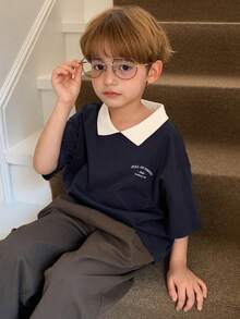 DAZY 男童字母印花撞色休闲短袖T恤 春季 - 藏蓝色 - 查看 2