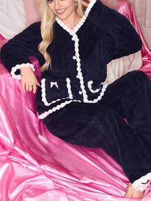 SweetSlumber 撞色开衫睡衣套装，保暖、柔软、舒适的女士抓绒睡衣 - 藍色 - 查看 4