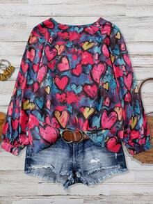 EMERY ROSE 女士加大码简约圆领纹理泡泡褶皱印花全幅小碎花插肩袖上衣，西式夏季波西米亚风情人节可爱女式衬衫，可爱休闲女式上衣，彩色女式上衣，爱心印花女式衬衫 - 彩色 - 查看 2