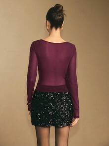 Poéselle Women's Elegant Party Ruched Rhinestone Embellished Draped Neck Long Sleeve T-Shirt, Spring/Autumn - Burgundy - View 5