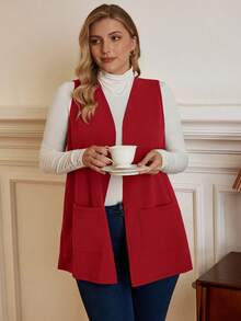 EMERY ROSE Plus Size Solid Color Sleeveless Loose Pocket Simple Casual Jacket,Spring/Summer,Summer,Vacation Woman / Vacation In Fall/Winter - Red - View 4