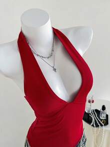 SHEIN EZwear V-Neck Solid Color Backless Vacation Tank Top For Women, Can Be Worn As A Neck Hanging - Red - View 3