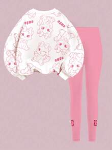 SHEIN 两件套女童休闲柔软圆领长袖卫衣，印有可爱卡通蝴蝶、猫咪、小熊和爱心图案，搭配修身长裤，适合秋冬季日常穿着。 - 彩色 - 查看 2