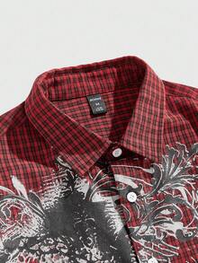 ROMWE MEN Grunge Punk Áo sơ mi nam tay ngắn, hàng khuy đơn, họa tiết kẻ caro in hoa - Đỏ - Xem 3
