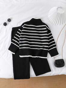 SHEIN Playful Pals 女婴秋冬条纹针织毛衣上衣和卡其裤套装，时尚又可爱 - 黑色 - 查看 2