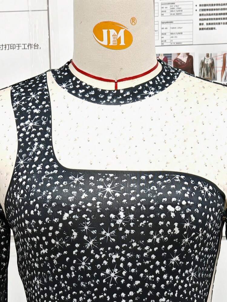 Sexy Round Neck Long Sleeve Bodycon Printed Dress