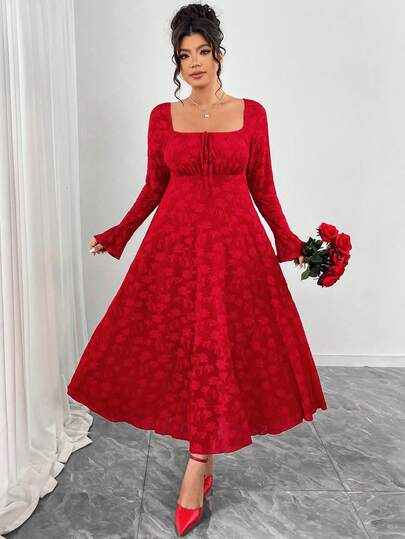 Elenzga Plus Size Women's Maxi Dress With Generous Collar, Bow Decor, Bell Sleeves, A-Line Silhouette, Lace Fabric, Romantic For  Day, New Year Party, Gathering With Friends, Elegant Afternoon Tea, Fashionable Outing, Sexy In Big Red Color