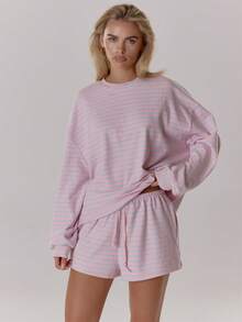 MUSERA Áo thun dài tay kẻ sọc dáng rộng, mềm mại, thoải mái, thích hợp mặc mùa thu, thu đông, ấm áp, dễ thương, thường ngày, đi cà phê, câu lạc bộ, thanh lịch, mùa xuân, hè, đi nghỉ mát. - Hồng - Xem 2